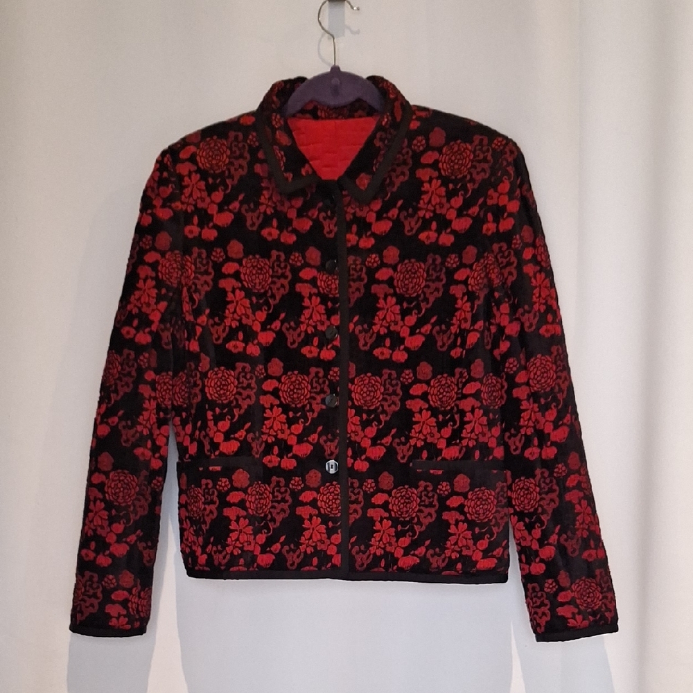 Carlisle Reversable Black & Red Brocade Floral And Red Silk Quilted Jacket